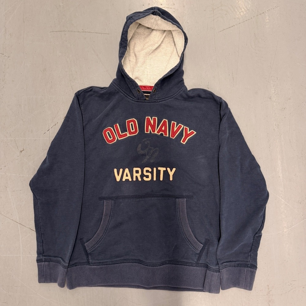 Old‎ Navy Varsity Hoodie Navy Blue Large Pullover Hooded Sweatshirt Mens